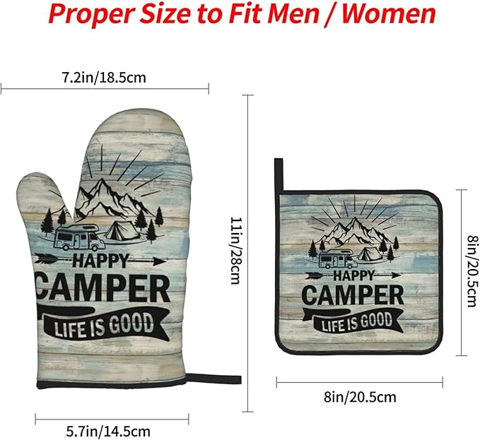 Happy Camper Oven Mitts and Pot Holders Sets of 4, Resistant Hot Pads