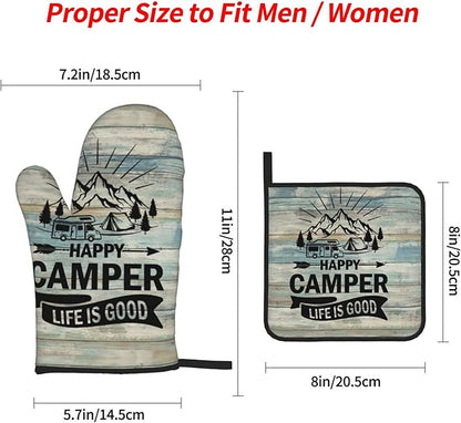 Happy Camper Oven Mitts and Pot Holders Sets of 4, Resistant Hot Pads