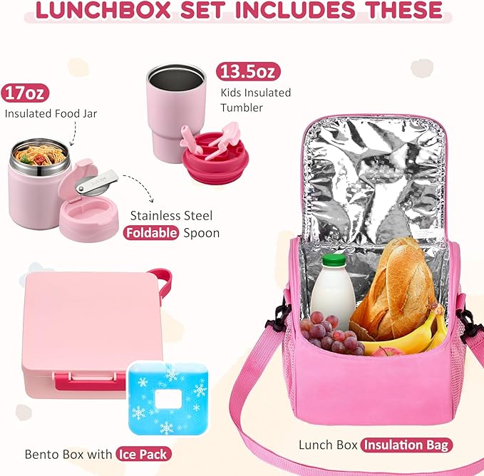 Lunch Box Set with Bento Box Container, 17OZ Stainless Steel Food Soup Thermo, Kids Water Bottle & Portable Insulated Lunch Bag – Leakproof, Hot/Cold Retention for School, Travel(Pink)