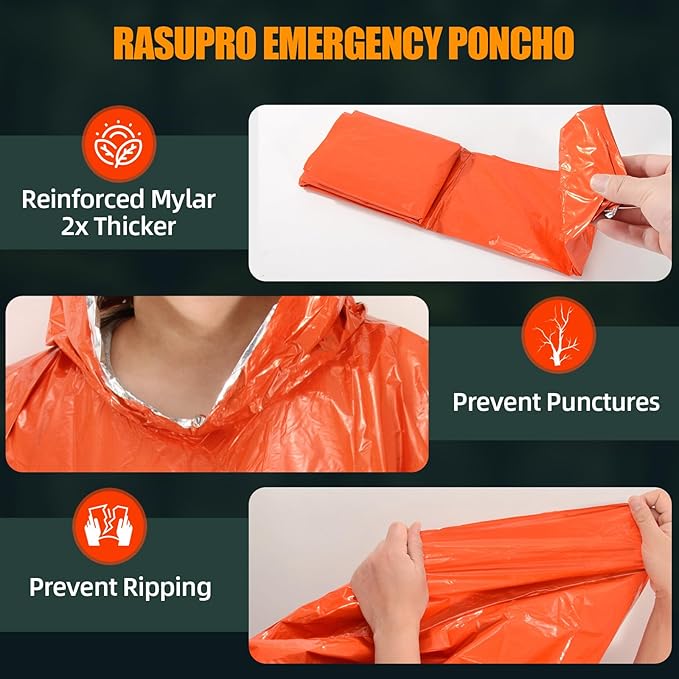 4 Pack Emergency Ponchos with Thickened Mylar Blanket Lining, Windproof, Waterproof, and Thermal Orange Survival Ponchos - Perfect for Outdoor Rescue, Family Camping Gear, Car Emergency Kits