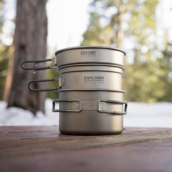 Explorer Bear Titanium Stackable Camping Cooking Pot Mess Kit Set