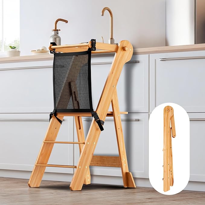 COSYLAND Foldable Toddler Standing Tower - Adjustable Height Folding Step Stool Kids Toddler Kitchen Stool Helper for Learning and Cooking - Ages 18 Months to 6 Years with Safety net Natural