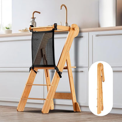 COSYLAND Foldable Toddler Standing Tower - Adjustable Height Folding Step Stool Kids Toddler Kitchen Stool Helper for Learning and Cooking - Ages 18 Months to 6 Years with Safety net Natural