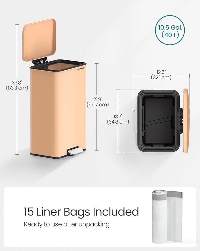SONGMICS Kitchen Trash Can, 10.5 Gallon Garbage Can, Large Step Trash Bin