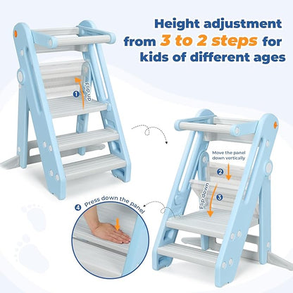 Onasti Toddler Tower Kitchen Stool Helper, Foldable & Adjustable Height Kids Learning Stool for Kitchen Counter Bathroom Sink, Child Ladder for Toddlers with Handles, Safty Rail, Non-Slip Pads-Blue