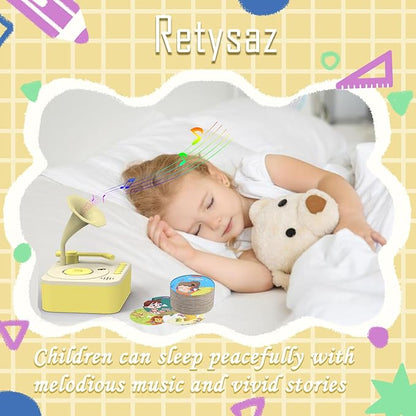 Retysaz Kids Phonograph with 96 Cards, Story Music Player for Kids 3-6 Musical Sensory Toy for boy Girl,Toddler Audio Pre-Kindergarten Toy Early Childhood Education Present Birthday (Yellow)