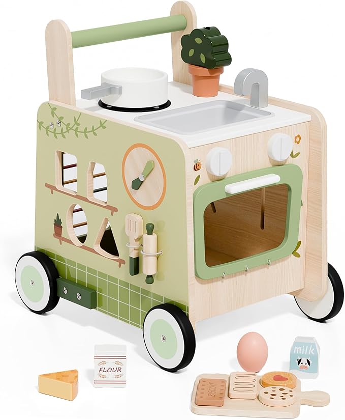 Baby Push Walker -Wooden Push Walker Montessori Toy- Toddler Learning Activity Walker for Girls Boys 1-3 Years - Pretend Kitchen Playset Ideal for Toddlers（Green ）