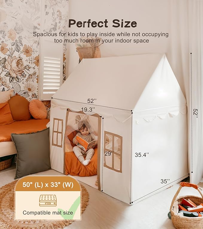 Play Tent with Mat, Star Light, Large Kids Playhouse with Windows Easy to Wash, Indoor and Outdoor Play Tents for Kids, Little Dove Toys for Girls, Boys, 47x40x52 (Beige Playhouse, Large Size)