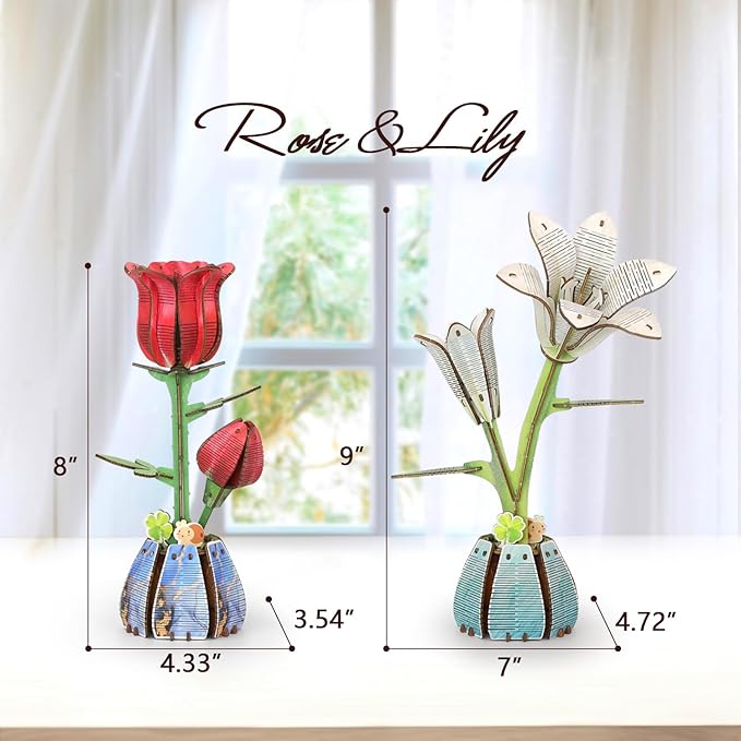 Jege 3D Flowers Wooden Puzzles for Adults,DIY Wooden 2 Flowers per Kit Building Set for Home Decor, Creative Craft Gift Toys Kits with 2 Perfume Bottles and Diffuser Sticks (Rose + Lily)