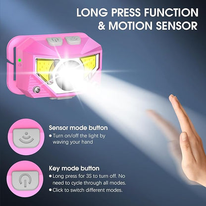LHKNL Headlamp Flashlight, High Lumen Bright LED Rechargeable Headlight with White Red Light, 2-Pack Waterproof Motion Sensor Head Lamp, 8 Mode for Camping Running Hiking Fishing Gear- Pink