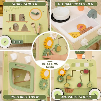 Baby Push Walker -Wooden Push Walker Montessori Toy- Toddler Learning Activity Walker for Girls Boys 1-3 Years - Pretend Kitchen Playset Ideal for Toddlers（Green ）