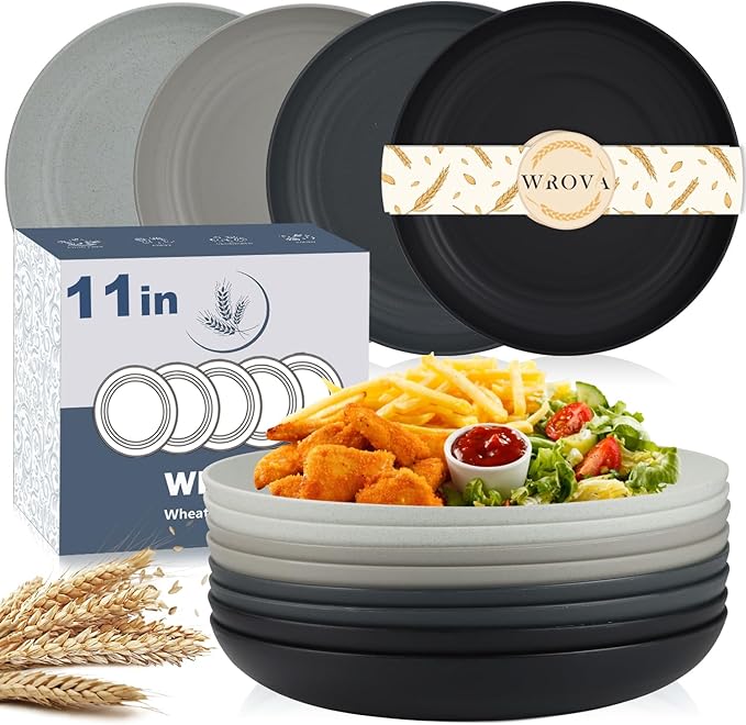 Wrova Large Wheat Straw Plates - 11 Inch Unbreakable Dinner Plates Set of 8 - Dishwasher & Microwave Safe, Reusable - Deep Edge for Kitchen and Camping (Classic)