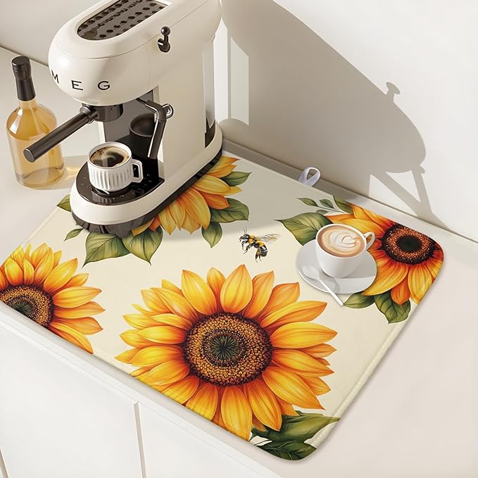 Spring Summer Dish Drying Mat 16x18 Inch Absorbent Reversible Sunflower Drying