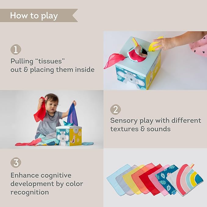 Taf Toys Sensory Crinkle Tissue Box for Toddlers. STEM Montessori Toy with Colorful Soft Scarves and Crinkling Blankies
