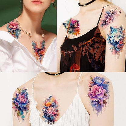 52 Watercolor Temporary Tattoos for Women Adults - Realistic 3D Floral Butterfly Phoenix Mandala Fake Tattoos Set, Waterproof Long Lasting Body Sticker for Parties Weddings (12 Large Tattoos Included)