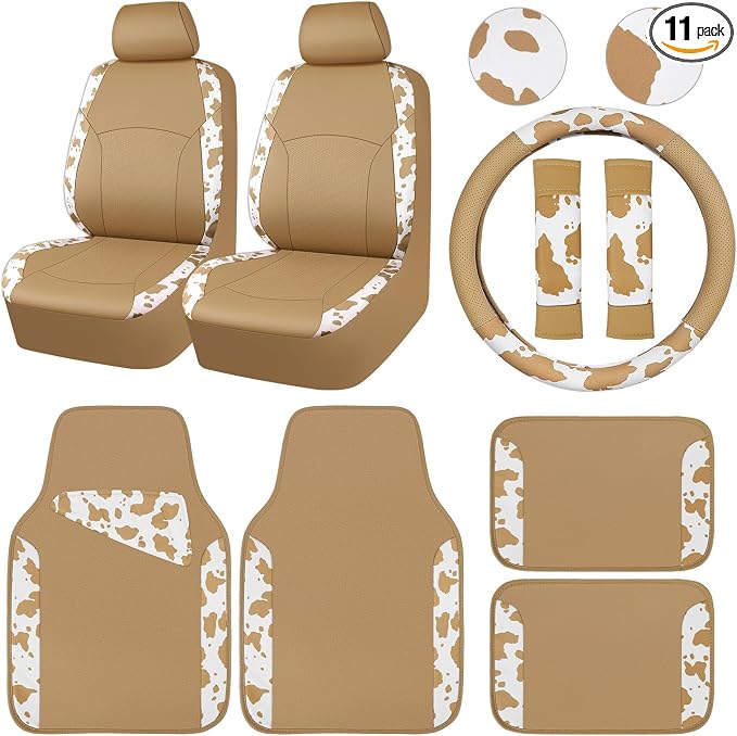 CAR PASS Cow Print Faux Leather Car Seat Covers & Cow Car Mats & Cow Steering Wheel Cover Seat Belt Pads Universal fit for SUV,Van,Saden,Truck Cute Car Accessories Automobile Interior Sets All Beige