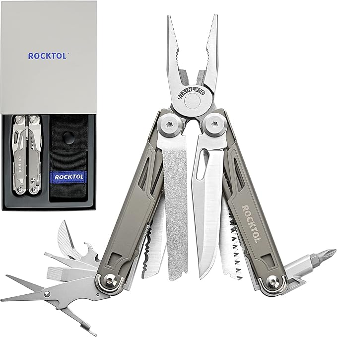 Multitool,19-in-1 Multitool Pliers with Titanium-plated Handle, Safety Locking, Lightweight EDC Tool and Nylon Sheath for Men,Outdoor Survival,Hiking,Camping