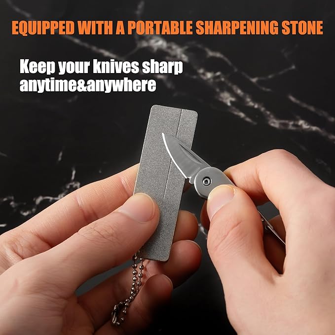 Stainless steel mini folding knife, portable key chain knife and small portable grindstone and outdoor fishing hook grinding tool, suitable for camping, hiking and outdoor.