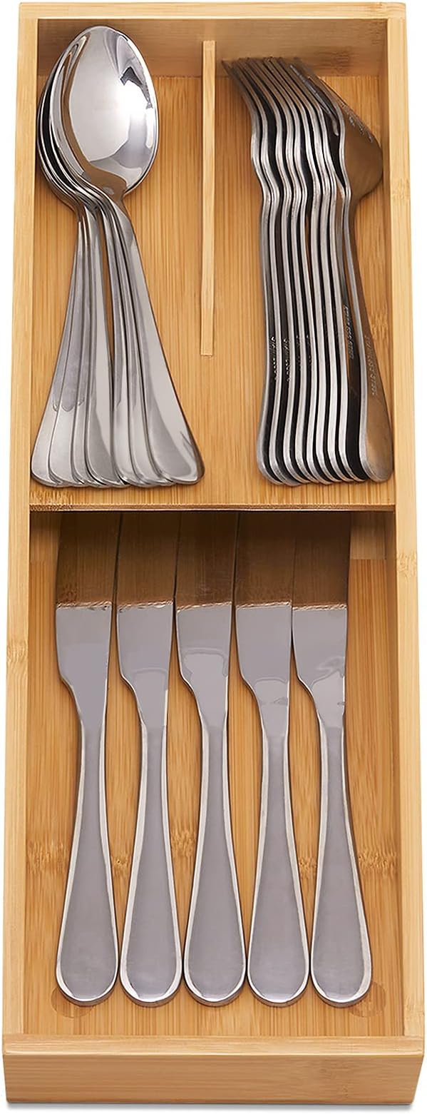 Bamboo Silverware Drawer Organizer, Kitchen Cutlery Tray,Utensil Holder for Spoons, Forks, Knives in Kitchen
