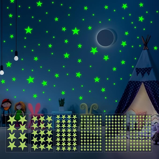 Glow in The Dark Stars Wall Stickers - 6 Sheets 307 Pcs Glowing Wall Decals Ceiling Stickers, Stick on Stars Glow in The Dark for Baby Kids Bedroom Wall Decor