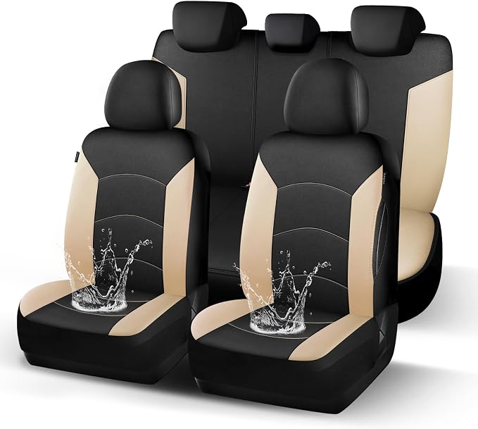 HChengkikz Car Seat Covers Full Set, Waterproof Neoprene Car Seat Covers, Airbag Compatible, Universal Automotive Seat Covers for Most Sedans, SUVs, Trucks (Black + Beige)