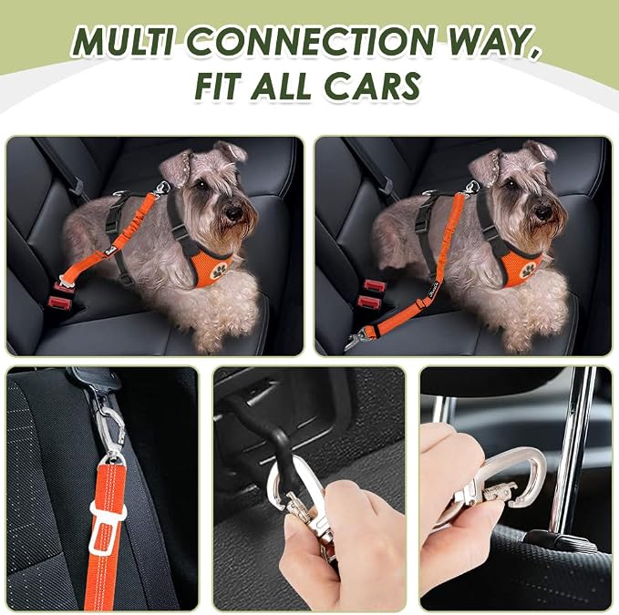 Lukovee Dog Car Harness Seat Belt, Adjustable Mesh Breathable Vest with Elastic Bungee Tether, Soft Padded 2-in-1 Safety Car Harness Seatbelt for Small Medium Large Dogs (Orange,XXS)