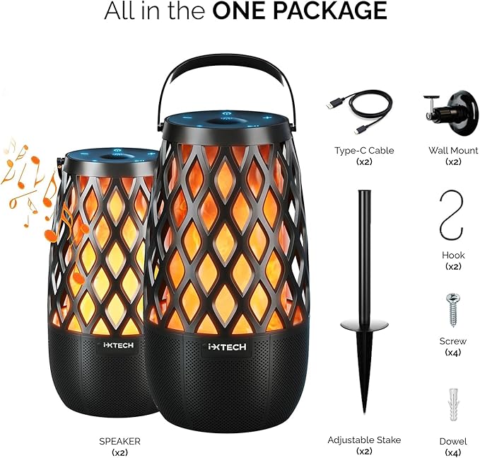 IXTECH Outdoor Bluetooth Speaker Waterproof Wireless Portable Speaker with LED Flame Lights Linkable Torch Lantern for Party Pool Camping Halloween Christmas Birthday Gift 2 Pack