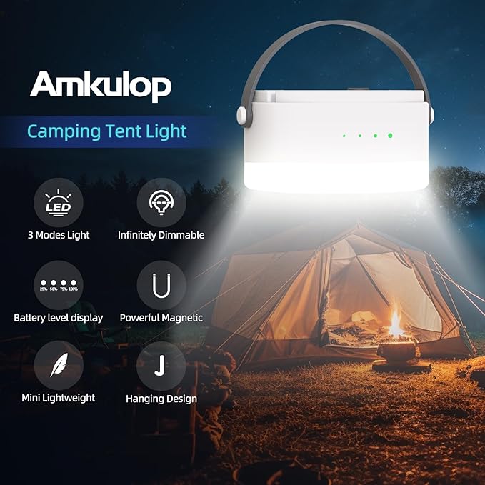 Led Rechargeable Camping Lantern with Tent Light & Portable Lamp - USB-C Magnetic Base, Stepless Dimmable, 2000mAh Battery, Hanging Design, Power Indicator, Compact & Lightweight