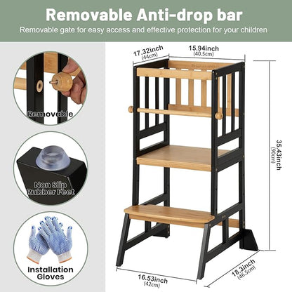 COSYLAND Toddler Standing Tower - Adjustable Height Toddler Kitchen Stool Helper - Kids Kitchen Step Stool for Learning with Removable Safety Railing Black&Natural