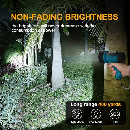 YIERBLUE Rechargeable Spotlight Flashlight IP67 Waterproof with 90,000 Lumen LED, 12 Hours Long Running Spot Light, Impact Resistant Handheld Spotlight with Foldable Stand Red Lens