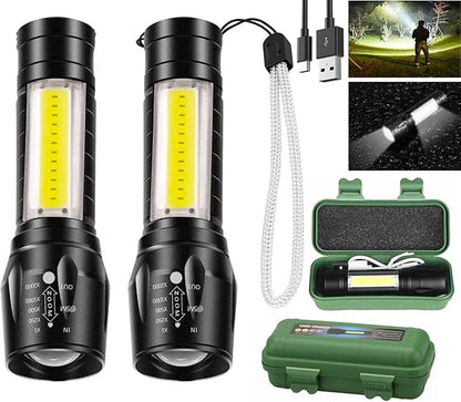 Led Flashlight Rechargeable USB Torch Mini Small Light Super Bright Handheld Tiny Portable Pocket Keychain Flash Light with COB Side Searchlight High Lumens Zoomable Emergency Camping 2 Pack