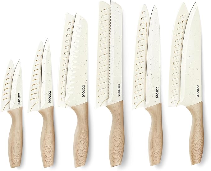 CAROTE 12PCS Knife set with Blade Guards, Granite Nonstick Ceramic Coating