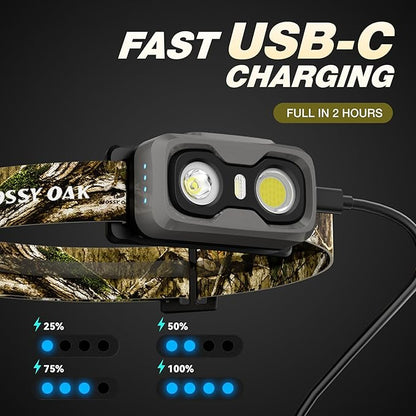 Mossy Oak 600 Lumens Rechargeable Headlamp, Lightweight LED Headlight with White & Red Light, Waterproof Head Lamp with Non-Slip Band, Dimmable & Memory Function for Camping, Running, Hiking, Outdoors