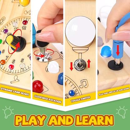 Busy Board, Montessori Toy for 1-3 Years Old, Wooden Toddler Sensory Travel Toy, Ideal Gift for 1+ Year Old Boys (Busy Board Plus V2), Medium, Yellow