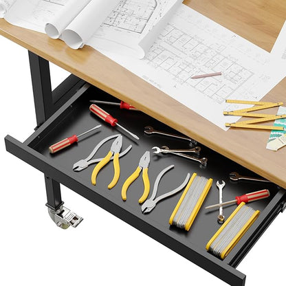 60" Adjustable Height Workbench, Heavy-Duty Work Bench Table with Locking Wheels, Portable Chipboard Work Table with Drawer & Power Outlets, for Repair Shop, Garage, Workshop, Office