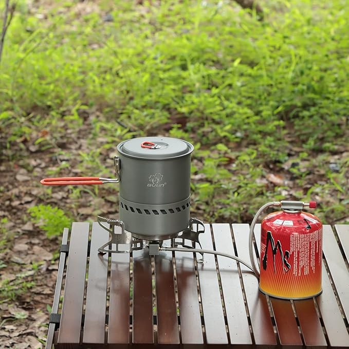 Bulin Camping Pot, 1.5L High Efficiency Backpacking Pot Ultralight Camping Cooking Set Cookware Gear with Heat-Proof Handle & Heat Exchanger for Outdoor Picnic Hiking Travel