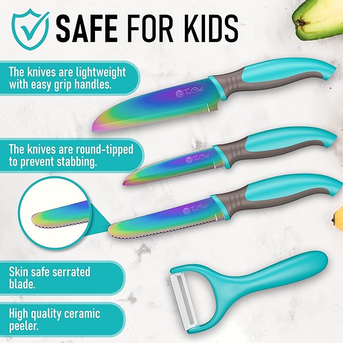 5-Piece Kids Cooking Chef Knife Set | Real Stainless Steel Knives with Peeler, Serrated Knife & Holder | Kids Safe Rounded Tips, Easy-Grip Handles | Kitchen Knife Set (5 pcs, Aqua)