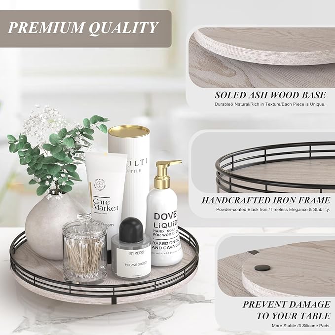 12" Farmhouse Lazy Susan for Kitchen & Coffee Table Decor – Rustic Whitewashed
