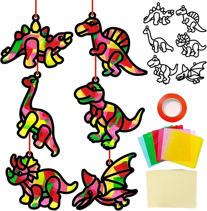 Qyeahkj 36 Set Dinosaur Suncatchers Crafts for Kids DIY Dinosaur Tissue Paper Crafts Window Stained Glass Effect Dino Hanging Decor School Home Creative Activity Art Projects Birthday Party Favor Gift