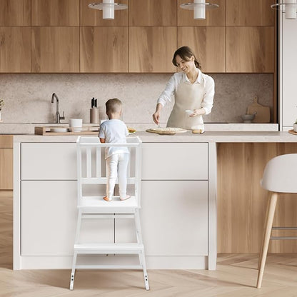 COSYLAND Toddler Kitchen Step Stool Helper - Wooden Standing Tower for Kids with Anti-Tip Support Legs - Mothers' Helper Kids Learning Stool for Kitchen Counter (White)