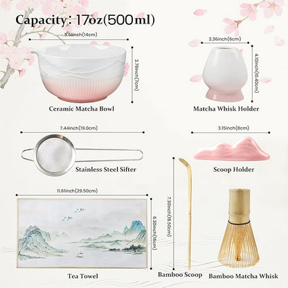 7PCs Pink Matcha Whisk Set Traditional Japanese Matcha Kit with Whisk and Bowl Matcha Making Accessories Bamboo Chasen Tea Spoon Holder Sifter Tea Towel Ceremony Macha Tea Set for Beginners