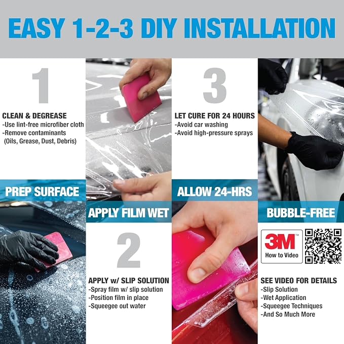 3M Clear Paint Protection Film, 8 mil PPF Vinyl Wrap with Self-Healing Technology, UV Protection, Non-Yellowing, Scratch Resistant, Glossy Finish (6 x 12in)