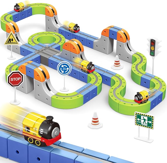 Magnetic Track Car Toys, 101PCS Flexible Race Car Track Sets for Toddlers with Electric Train, Traffic Signs, Kids Train Set Toys for 3 4 5 6 7 8 Year Old Boys Girls Birthday Party Gift-Large