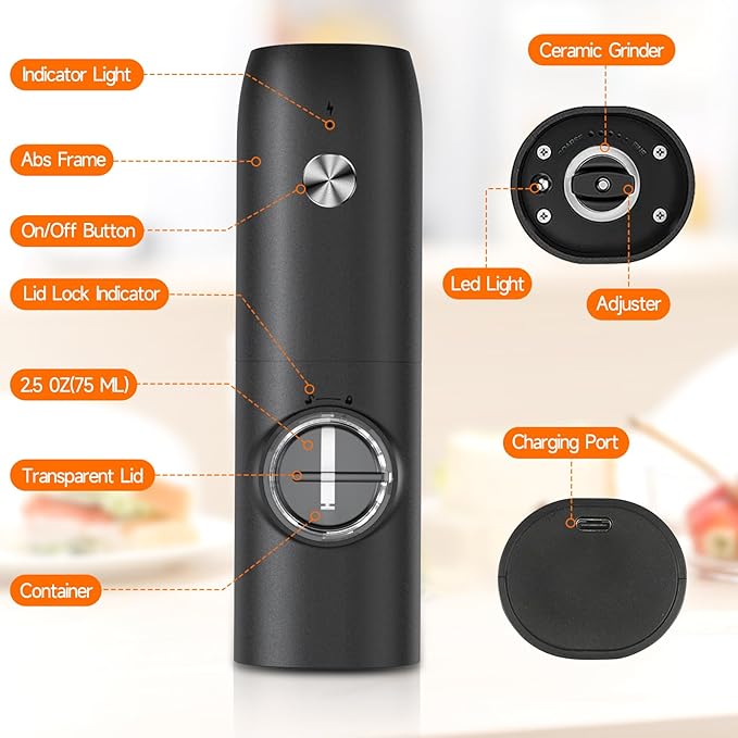 Electric Salt and Pepper Grinder Set, USB Rechargeable One Hand Operation