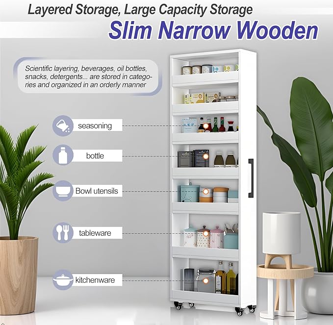 7-Tier Slim Storage Cart, Wooden Rolling Pantry Cabinet with Wheels, Narrow Shelf Organizer for Kitchen, Bakers Rack, Dining Room, Closet, Small Spaces Warm White 47.2" H*9.8" W*23.6" D