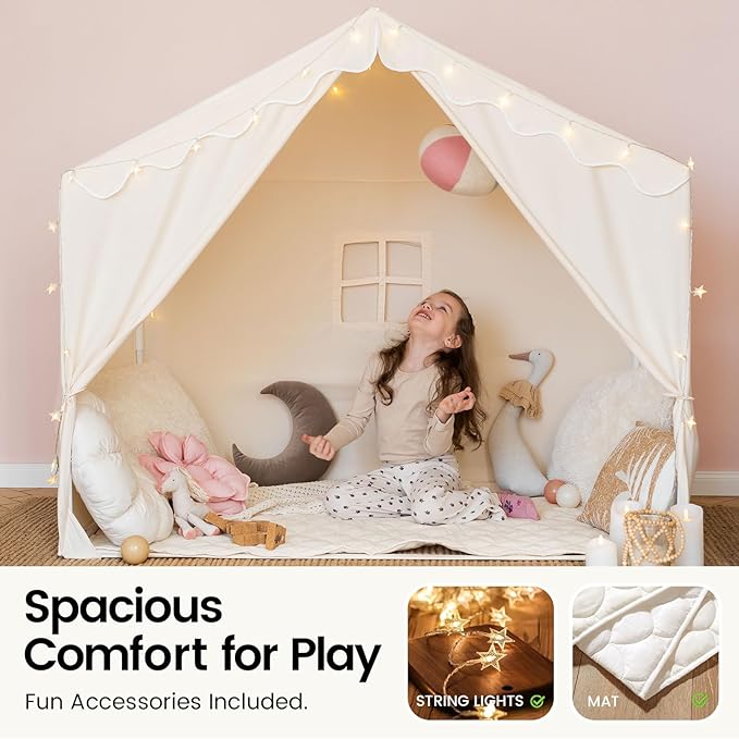 Tiny Land Kids Tent with Mat and Star Lights, Indoor Playhouse for Toddlers, 57"x36"x52" Large Reading Nook for Girls & Boys, Modern Bed Canopy for Kids Room