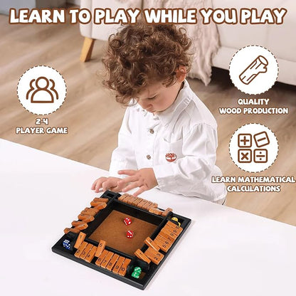 Shut The Box Dice Game, 1-4 Players Wooden Family Board Math Game with 12 Dice ，Pub Strategy Dice Game for Adults Classic Tabletop Educational Game for Family, Classroom, Home