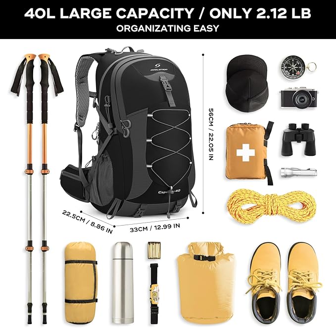 Maelstrom Hiking Backpack,Camping Backpack,40L Waterproof Hiking Daypack with Rain Cover,Lightweight Travel Backpack,Black