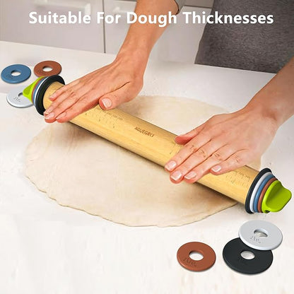 Rolling Pin with Adjustable Thickness Ring and Silicone Baking Mat