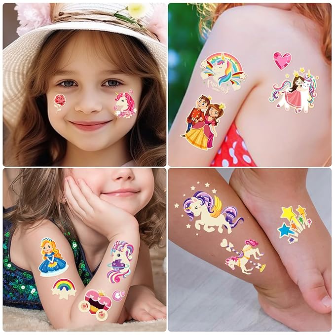 252+ PCS Glow Princess Temporary Tattoo for Kids, 36 Sheets Rainbow Castle Candy Star Prince Fake Tattoos Sticker for Girls Boys, Luminous Birthday Magic Fairy Theme Party Favors Decoration